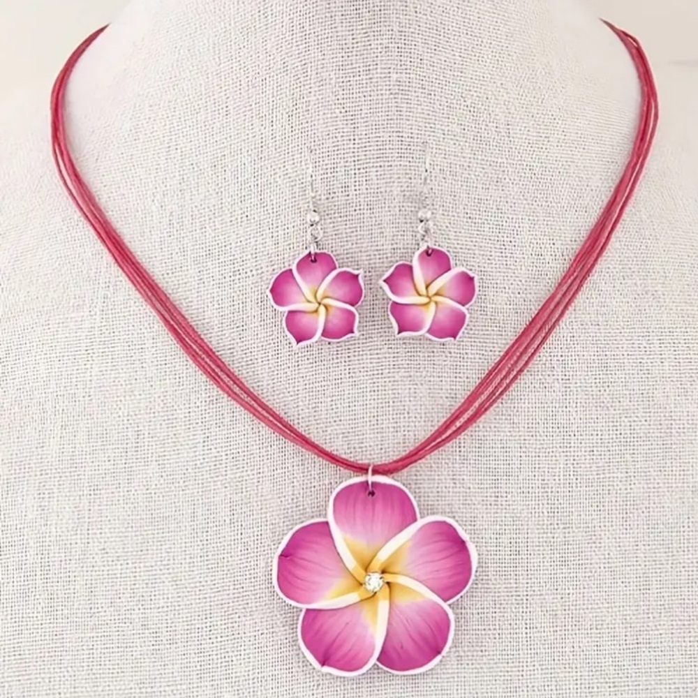 Tropical Hot Pink Plumeria Flower Necklace & Earring Set